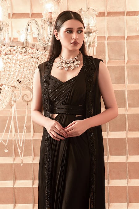 Charu And Vasundhara_Black Saree Satin Georgette Blouse Silk Jacket Mesh Net Pre-draped And _Online_at_Aza_Fashions