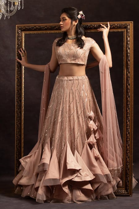 Charu and Vasundhara Pink Net V Neck Hand Embroidered Lehenga Set 