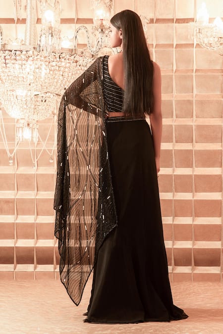 Shop Charu And Vasundhara Black Lehenga Crepe Drape Organza Scoop Neck Saree With Embroidered Blouse at Aza Fashions Shop_Charu And Vasundhara_Black Lehenga Crepe Drape Organza Scoop Neck Saree With Embroidered Blouse_at_Aza_Fashions