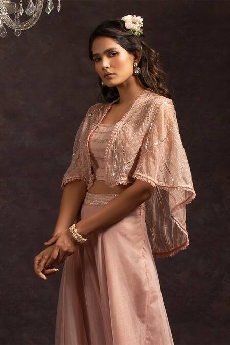 Charu And Vasundhara_Pink Bustier And Cape Organza Pant Silk Gharara Set With_Online_at_Aza_Fashions