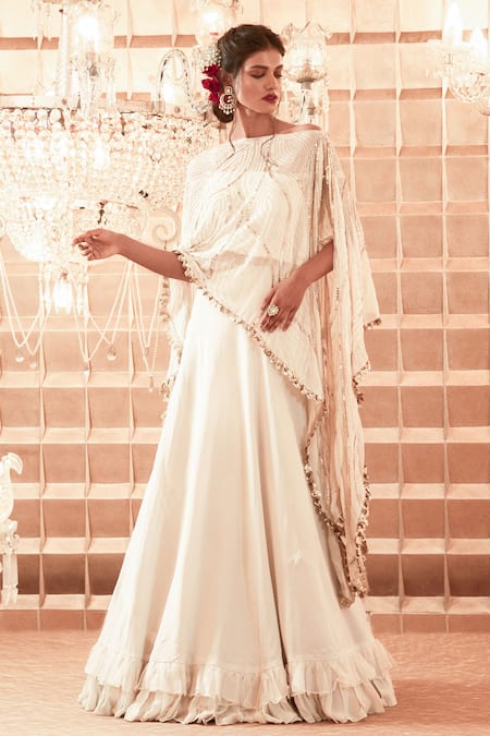 Charu And Vasundhara_White Organza, Cape Georgette Lehenga Crepe Asymmetric With Embroidered_Online_at_Aza_Fashions