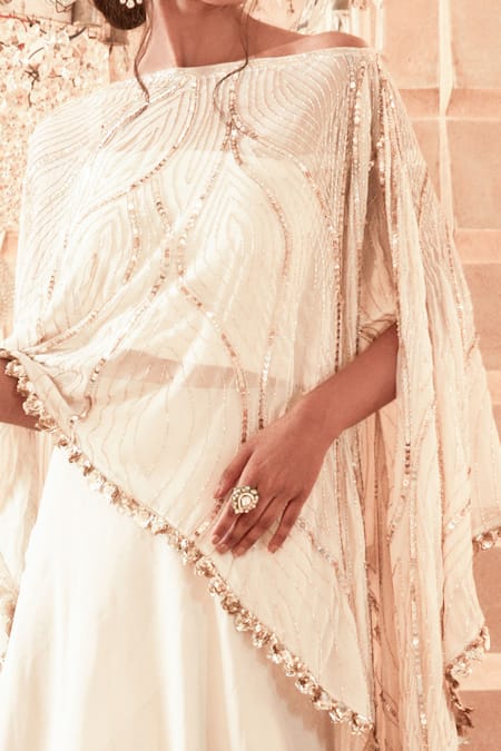 Buy_Charu And Vasundhara_White Organza, Cape Georgette Lehenga Crepe Asymmetric With Embroidered_Online_at_Aza_Fashions