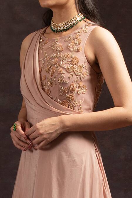 Charu And Vasundhara_Pink Net, Crepe Round Embroidered A-line Gown _Online_at_Aza_Fashions