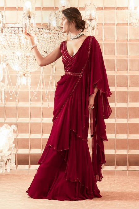 Crimson One-shoulder Draped Pant Saree Set – PritikaVora