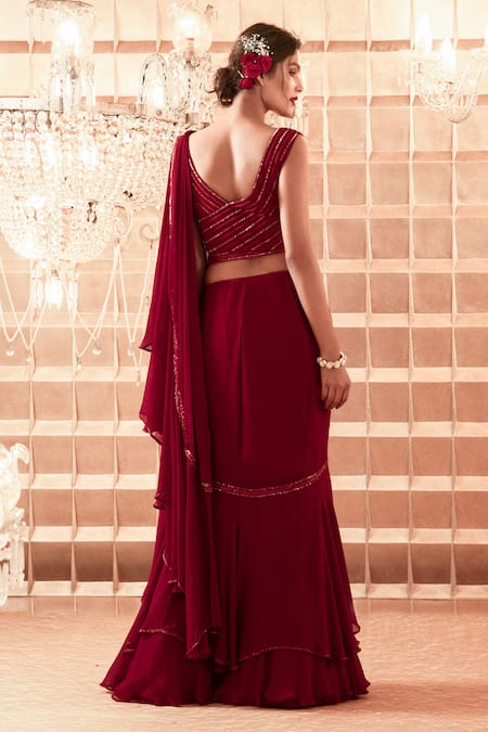 Shop_Charu And Vasundhara_Maroon Saree Chiffon Blouse Silk V Neck Ruffle With Embroidered _at_Aza_Fashions