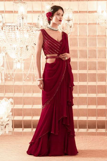 Charu And Vasundhara_Maroon Saree Chiffon Blouse Silk V Neck Ruffle With Embroidered _Online_at_Aza_Fashions