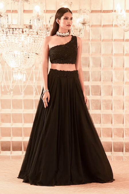 Shop_Charu And Vasundhara_Black Lehenga Net One Shoulder Hand Embroidered Set _at_Aza_Fashions