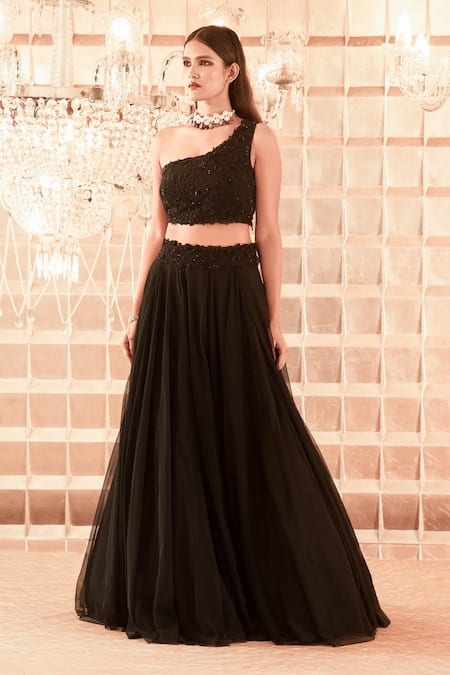 Charu And Vasundhara_Black Lehenga Net One Shoulder Hand Embroidered Set _Online_at_Aza_Fashions