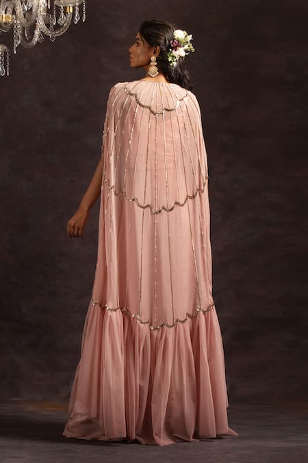 Shop_Charu And Vasundhara_Pink Organza, Cape Georgette, Net Blouse Silk Lehenga Embroidered Set With _at_Aza_Fashions