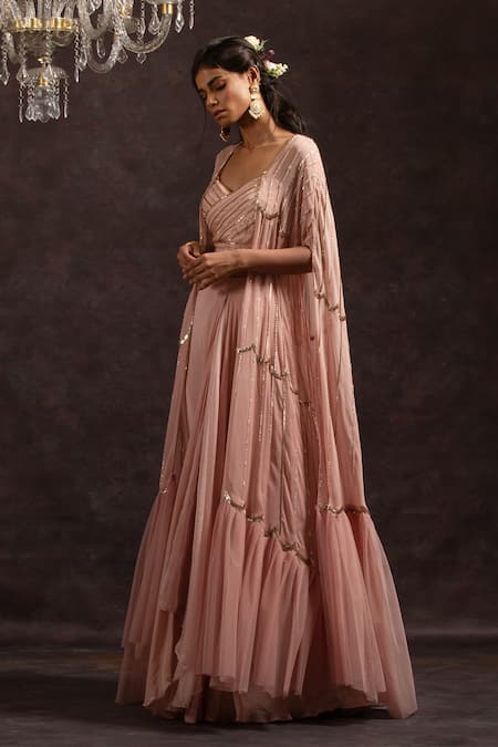 Charu And Vasundhara_Pink Organza, Cape Georgette, Net Blouse Silk Lehenga Embroidered Set With _Online_at_Aza_Fashions
