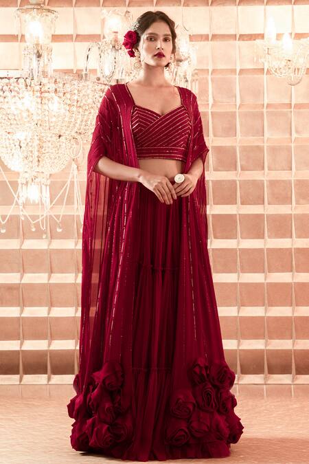 Charu And Vasundhara_Maroon Crepe, Blouse  Lehenga Net Cape Paper Embroidered Set With_Online_at_Aza_Fashions
