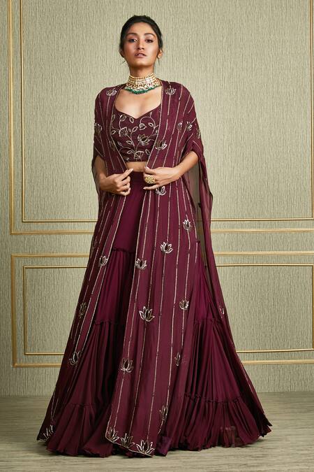 Charu And Vasundhara_Maroon Georgette, Tussar , Paper Leaf Neck Embroidered Cape Lehenga Set_Online_at_Aza_Fashions
