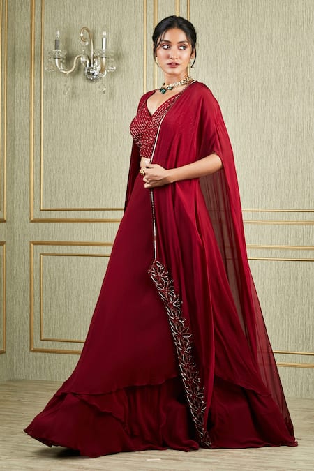 Charu And Vasundhara_Red Georgette, Tussar , Paper V Neck Asymmetric Cape Lehenga Set _Online_at_Aza_Fashions