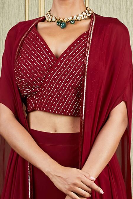 Buy_Charu And Vasundhara_Red Georgette, Tussar , Paper V Neck Asymmetric Cape Lehenga Set _Online_at_Aza_Fashions