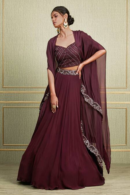 Charu and Vasundhara_Maroon Paper Silk Leaf Neck Layered Cape Lehenga Set _Online_at_Aza_Fashions