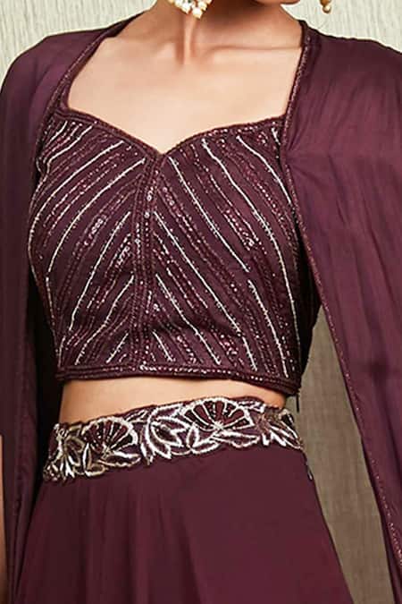 Buy_Charu and Vasundhara_Maroon Paper Silk Leaf Neck Layered Cape Lehenga Set _Online_at_Aza_Fashions