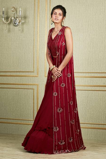 Charu And Vasundhara_Red Georgette, Tussar Silk, Mulberry V Neck Embroidered Jacket Lehenga Set_Online_at_Aza_Fashions