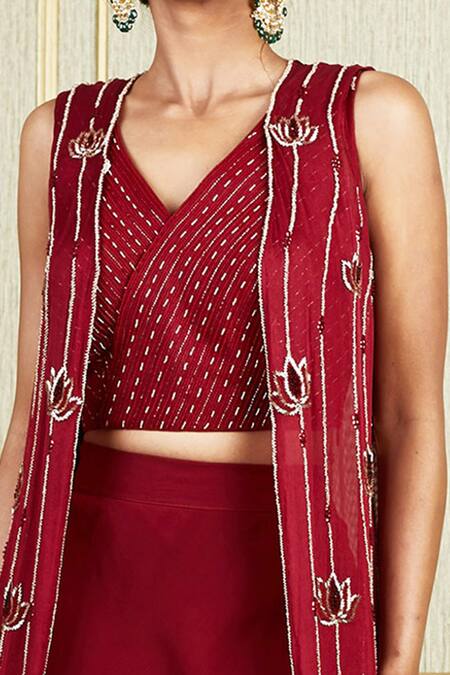 Buy_Charu And Vasundhara_Red Georgette, Tussar Silk, Mulberry V Neck Embroidered Jacket Lehenga Set_Online_at_Aza_Fashions
