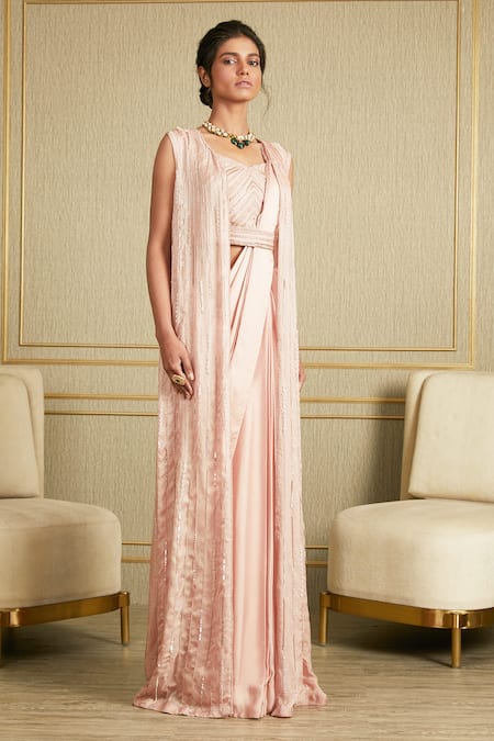 Charu And Vasundhara Pink Mulberry, Satin Georgette, Tussar V Neck Saree And Embroidered Jacket Set Online at Aza Fashions Charu And Vasundhara_Pink Mulberry, Satin Georgette, Tussar V Neck Saree And Embroidered Jacket Set _Online_at_Aza_Fashions