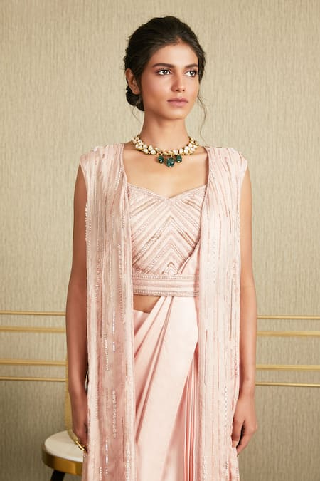 Buy Charu And Vasundhara Pink Mulberry, Satin Georgette, Tussar V Neck Saree And Embroidered Jacket Set Online at Aza Fashions Buy_Charu And Vasundhara_Pink Mulberry, Satin Georgette, Tussar V Neck Saree And Embroidered Jacket Set _Online_at_Aza_Fashions