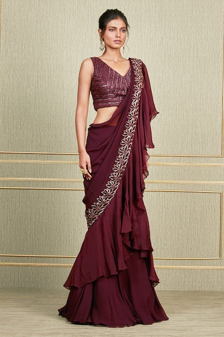 Charu And Vasundhara Maroon Organza, Chiffon, Tussar V Neck Ruffle Saree Set Online at Aza Fashions Charu And Vasundhara_Maroon Organza, Chiffon, Tussar V Neck Ruffle Saree Set _Online_at_Aza_Fashions
