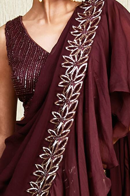 Shop Charu And Vasundhara Maroon Organza, Chiffon, Tussar V Neck Ruffle Saree Set Online at Aza Fashions Shop_Charu And Vasundhara_Maroon Organza, Chiffon, Tussar V Neck Ruffle Saree Set _Online_at_Aza_Fashions