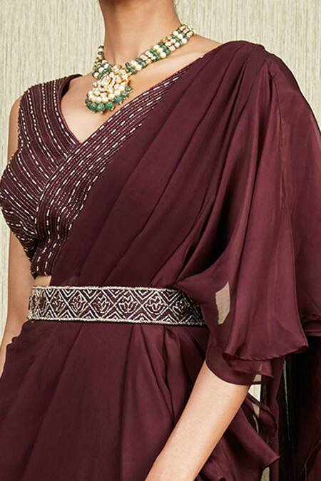 Charu And Vasundhara_Maroon Organza, Chiffon, Tussar V Neck Ruffle Saree Set _Online_at_Aza_Fashions