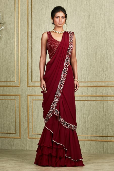 Charu and Vasundhara Maroon Tussar V Neck Embroidered Lehenga Saree Set 