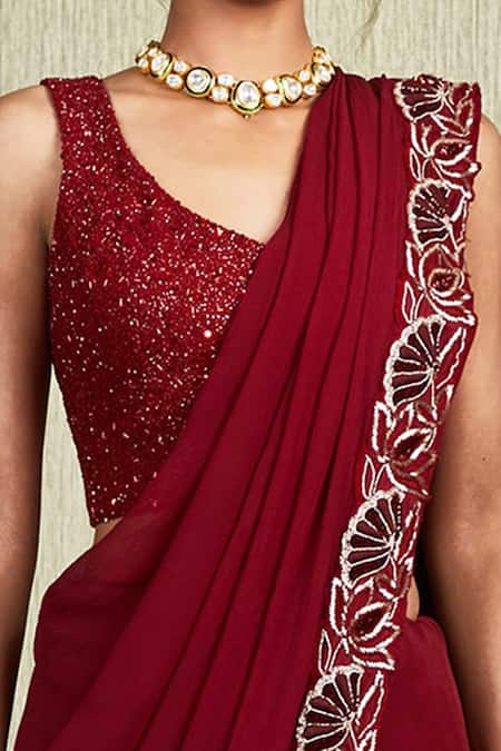 Buy_Charu And Vasundhara_Maroon Organza, Chiffon, Tussar V Neck Embroidered Lehenga Saree Set _Online_at_Aza_Fashions