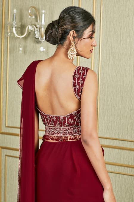 Charu And Vasundhara_Maroon Organza, Chiffon, Tussar V Neck Embroidered Lehenga Saree Set _Online_at_Aza_Fashions