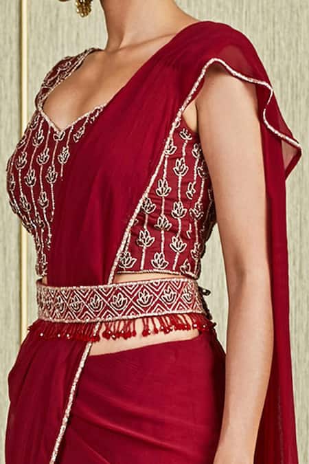 Buy_Charu And Vasundhara_Maroon Organza, Chiffon, Tussar V Neck Embroidered Lehenga Saree Set _Online_at_Aza_Fashions