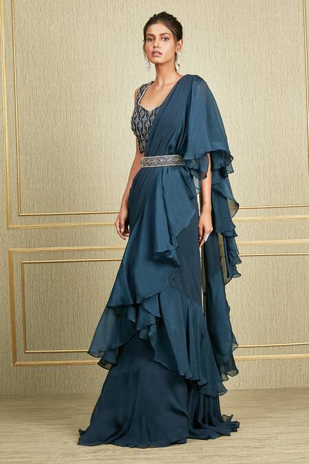 Charu And Vasundhara_Blue Organza, Chiffon, Tussar V Neck Ruffle Saree Set_Online_at_Aza_Fashions