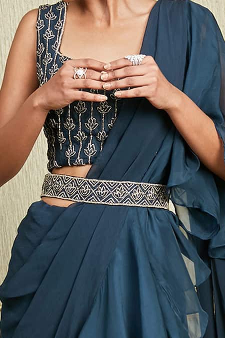 Buy_Charu And Vasundhara_Blue Organza, Chiffon, Tussar V Neck Ruffle Saree Set_Online_at_Aza_Fashions