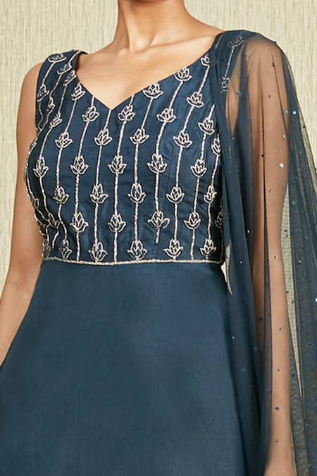 Charu And Vasundhara_Blue Net, Tussar V Neck Embroidered Kurta Set_Online_at_Aza_Fashions