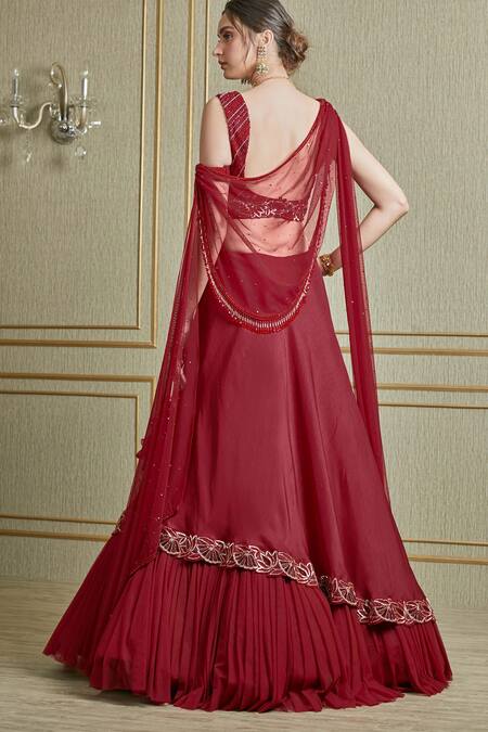 Shop_Charu And Vasundhara_Red Net, Tussar Sweetheart Neck Layered Lehenga Set _at_Aza_Fashions