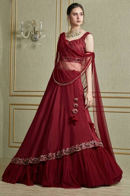 Charu And Vasundhara_Red Net, Tussar Sweetheart Neck Layered Lehenga Set _Online_at_Aza_Fashions