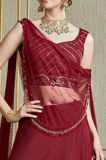 Buy_Charu And Vasundhara_Red Net, Tussar Sweetheart Neck Layered Lehenga Set _Online_at_Aza_Fashions