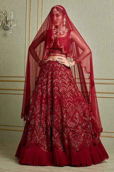 Charu And Vasundhara_Red Net, Tussar Sweetheart Neck Embroidered Bridal Lehenga Set_Online_at_Aza_Fashions