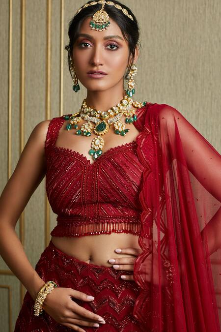Buy_Charu And Vasundhara_Red Net, Tussar Sweetheart Neck Embroidered Bridal Lehenga Set_Online_at_Aza_Fashions