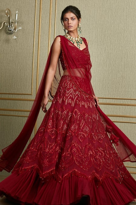 Blood red embroidered silk unstitched lehenga - akshar creation - 2378833