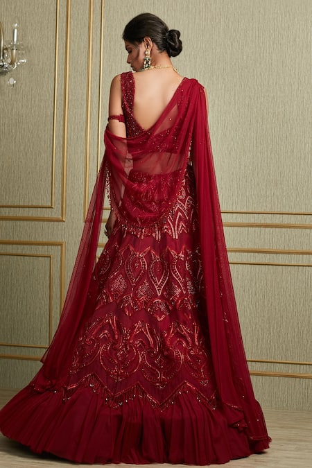 Shop_Charu And Vasundhara_Red Net, Tussar Sweetheart Neck Embroidered Bridal Lehenga Set _at_Aza_Fashions