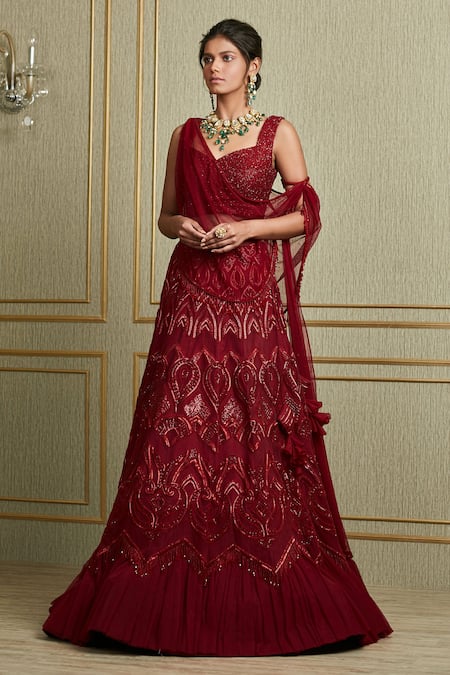 Charu And Vasundhara_Red Net, Tussar Sweetheart Neck Embroidered Bridal Lehenga Set _Online_at_Aza_Fashions