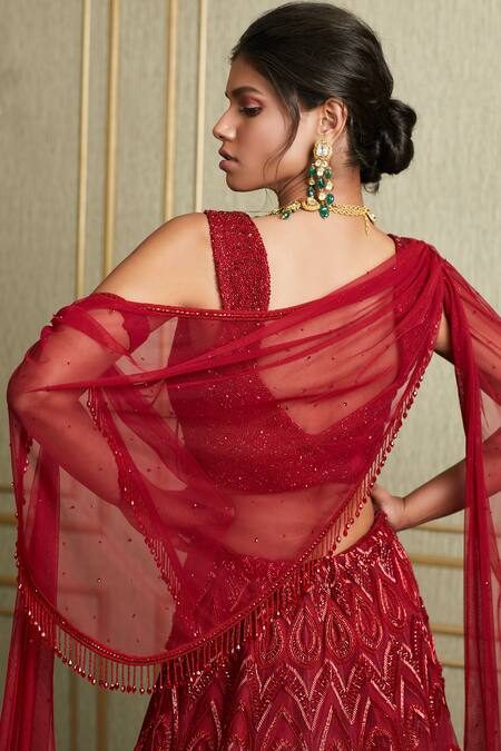 Buy_Charu And Vasundhara_Red Net, Tussar Sweetheart Neck Embroidered Bridal Lehenga Set _Online_at_Aza_Fashions