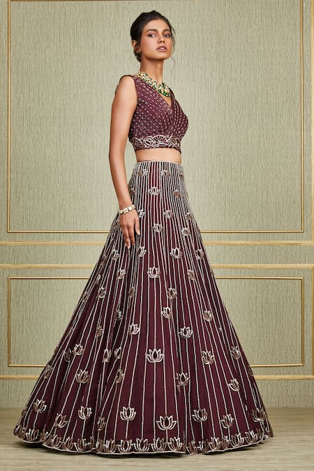 Shop Charu And Vasundhara Maroon Net, Tussar V Neck Embroidered Bridal Lehenga Set at Aza Fashions Shop_Charu And Vasundhara_Maroon Net, Tussar V Neck Embroidered Bridal Lehenga Set _at_Aza_Fashions