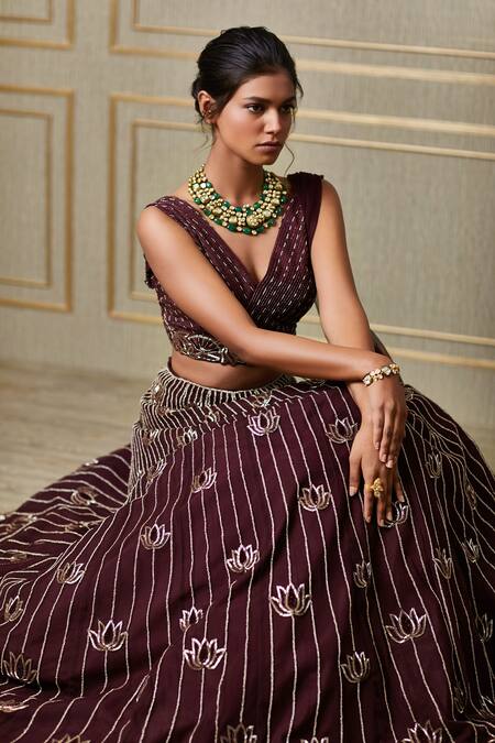 Charu And Vasundhara Maroon Net, Tussar V Neck Embroidered Bridal Lehenga Set Online at Aza Fashions Charu And Vasundhara_Maroon Net, Tussar V Neck Embroidered Bridal Lehenga Set _Online_at_Aza_Fashions