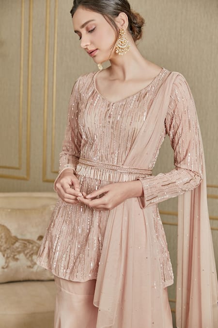 Charu And Vasundhara_Pink Organza, Net, Georgette V Neck Embroidered Kurta Set _Online_at_Aza_Fashions