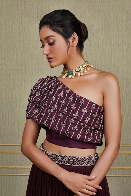 Charu And Vasundhara Embroidered One Shoulder Lehenga Set 
