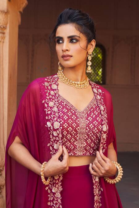 Shop_Charu and Vasundhara_Pink Blouse- Tussar Silk, Cape- Paper Silk, Lehenga- Georgette Embellished Set _at_Aza_Fashions