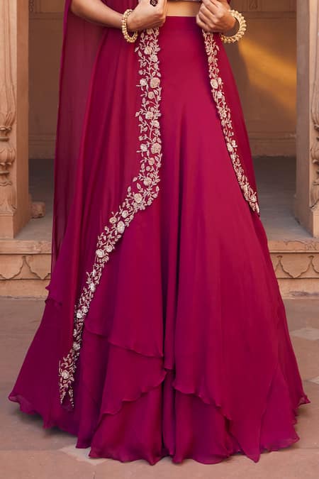 Charu and Vasundhara_Pink Blouse- Tussar Silk, Cape- Paper Silk, Lehenga- Georgette Embellished Set _Online_at_Aza_Fashions