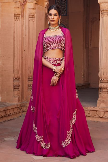 Charu And Vasundhara Pink Tussar Silk And Organza Square Neck Embellished Cape Lehenga Set Online at Aza Fashions Charu And Vasundhara_Pink Tussar Silk And Organza Square Neck Embellished Cape Lehenga Set _Online_at_Aza_Fashions